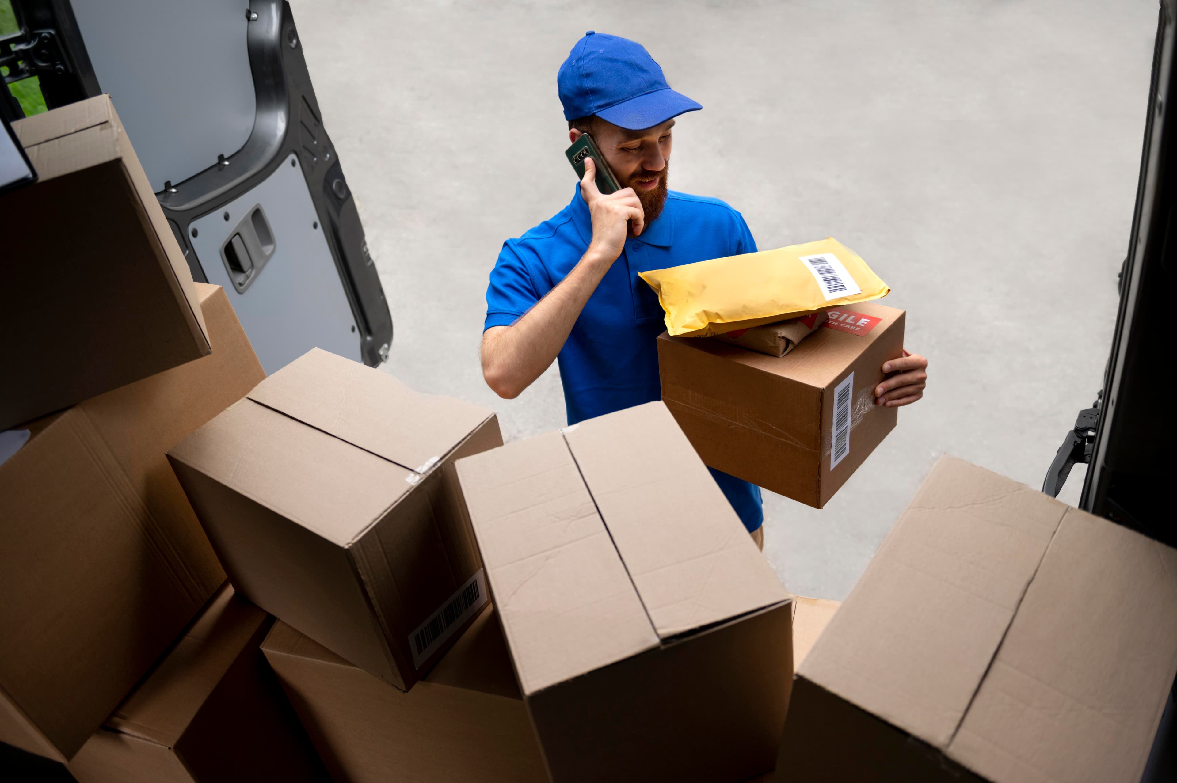 Delivery driver loading parcels at the back of a van
