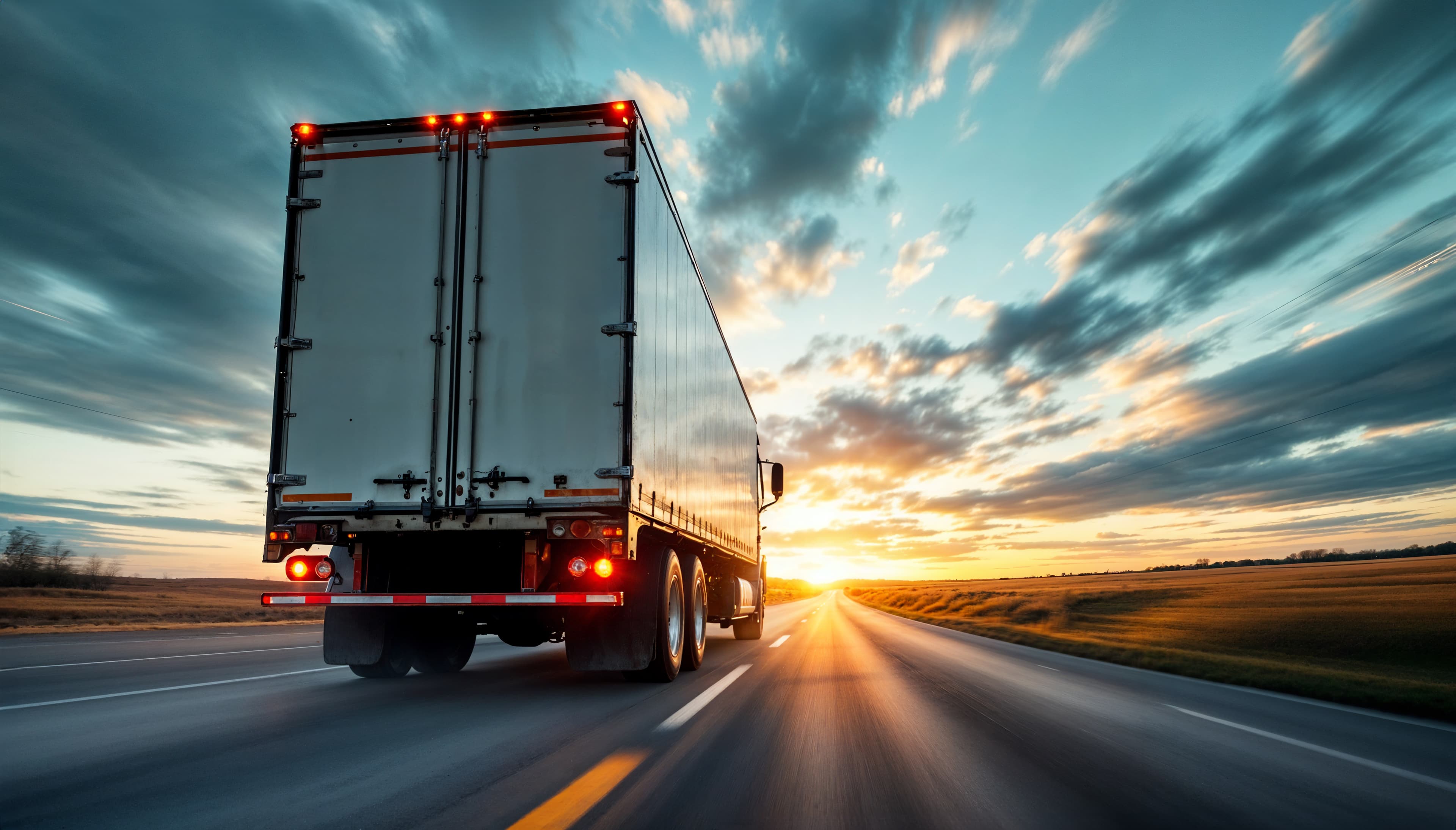 Semi-truck travelling on a long-distance highway at sunset